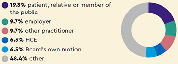 Sources of notifications: 19.3% patient, relative or member of the public, 9.7% employer, 9.7% other practitioner, 6.5% HCE, 6.5% Board’s own motion, 48.4% other